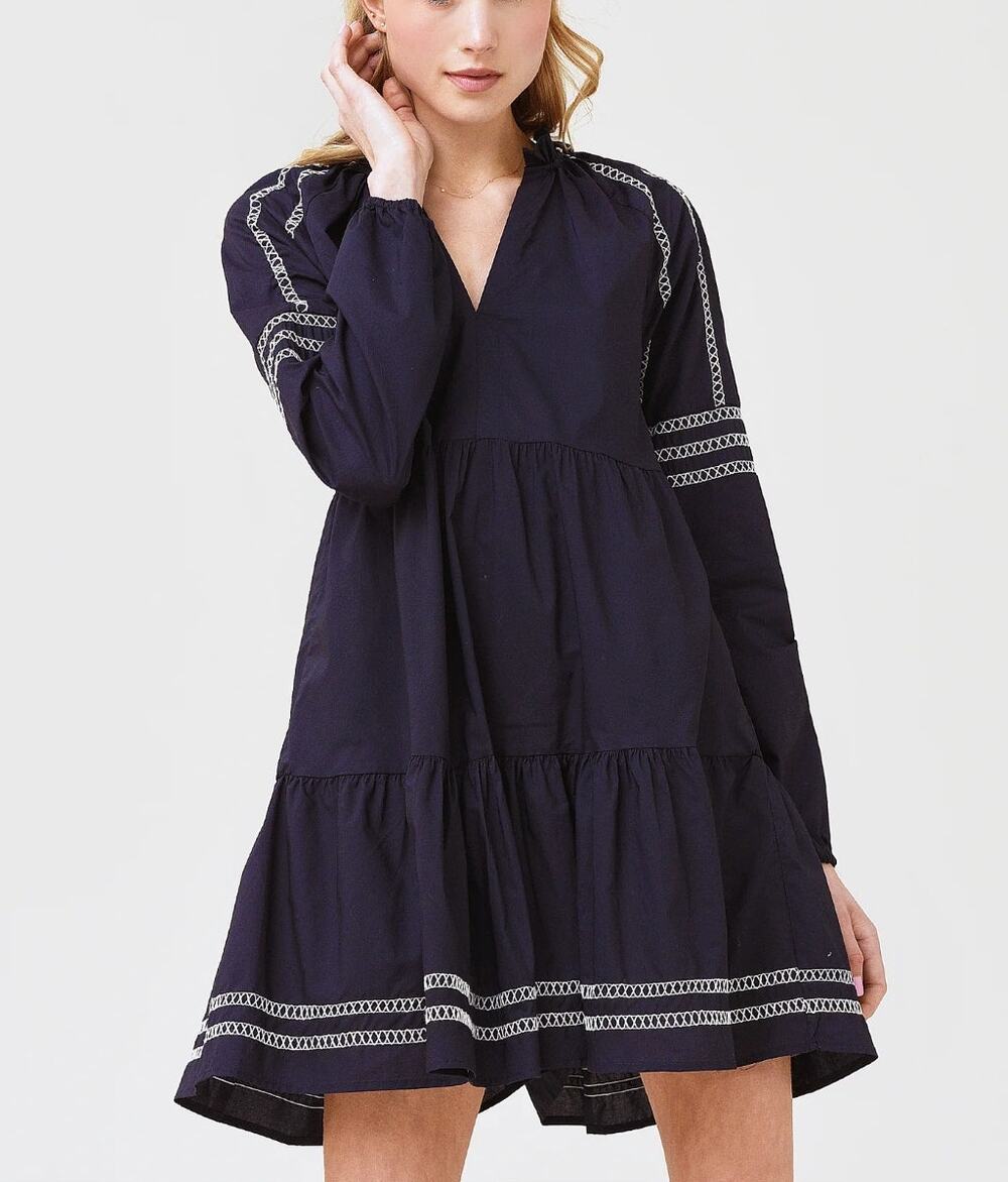 BB Dakota Fun with Tiers Mini Dress Navy Blue White Trim Large NWT Crisp Cotton